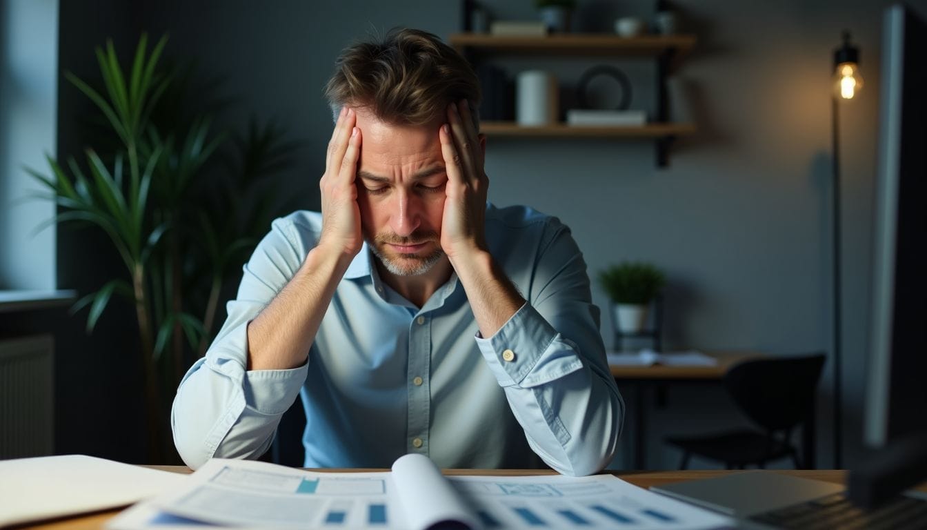 A man in his 40s sits at a desk looking frustrated.