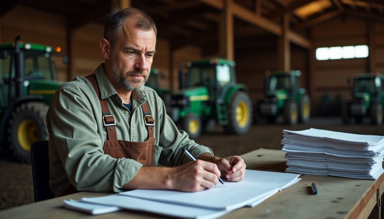 A mid-40s farmer documenting R&D tax credit claims in a barn.