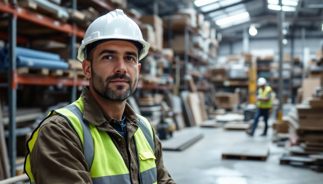 A construction worker in a warehouse, focused on improving safety and efficiency.