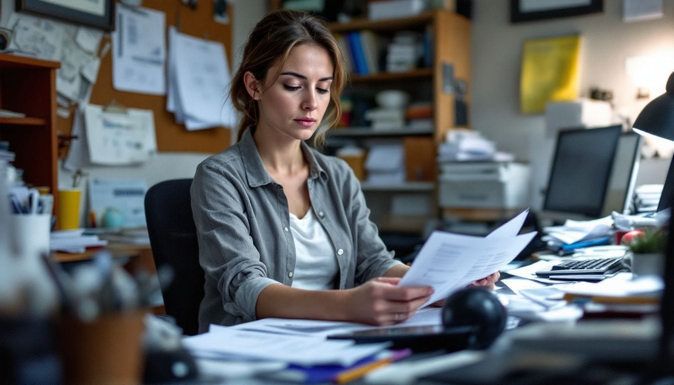 A woman in her 30s reviews paperwork at a cluttered desk.