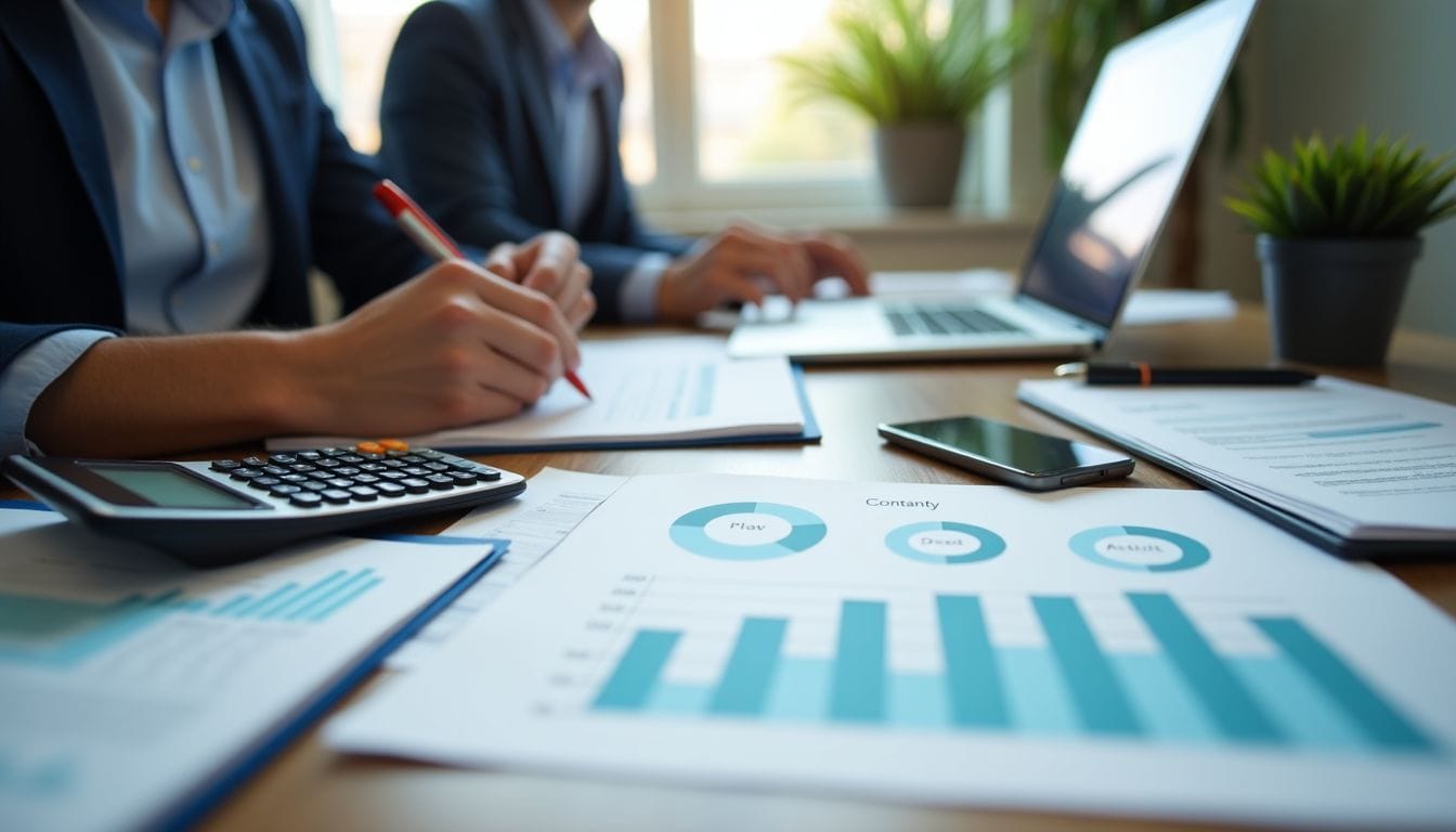 A cluttered desk with financial documents and calculators for R&D tax credits.