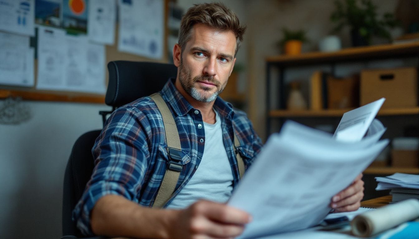 A construction worker filling out tax credit form in makeshift office.