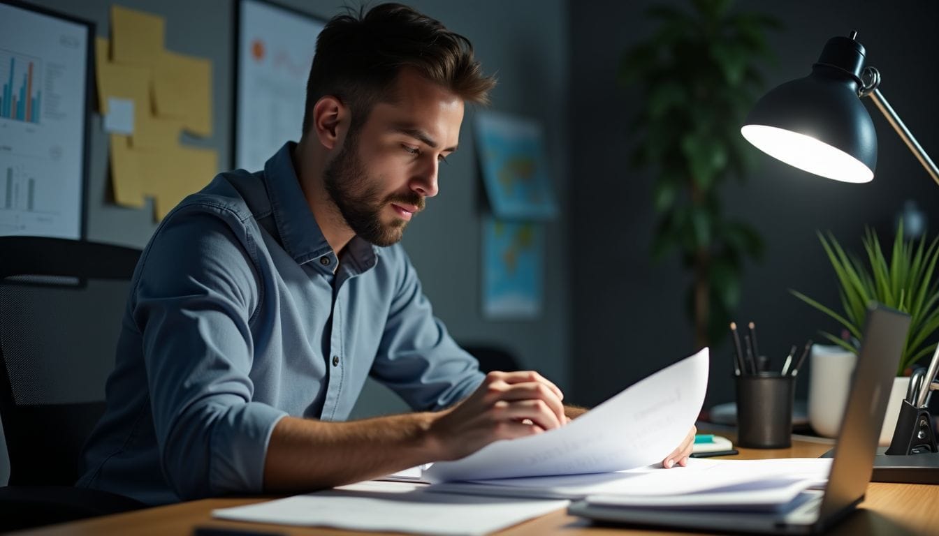 An engineer in their 30s researching R&D tax credits in office.