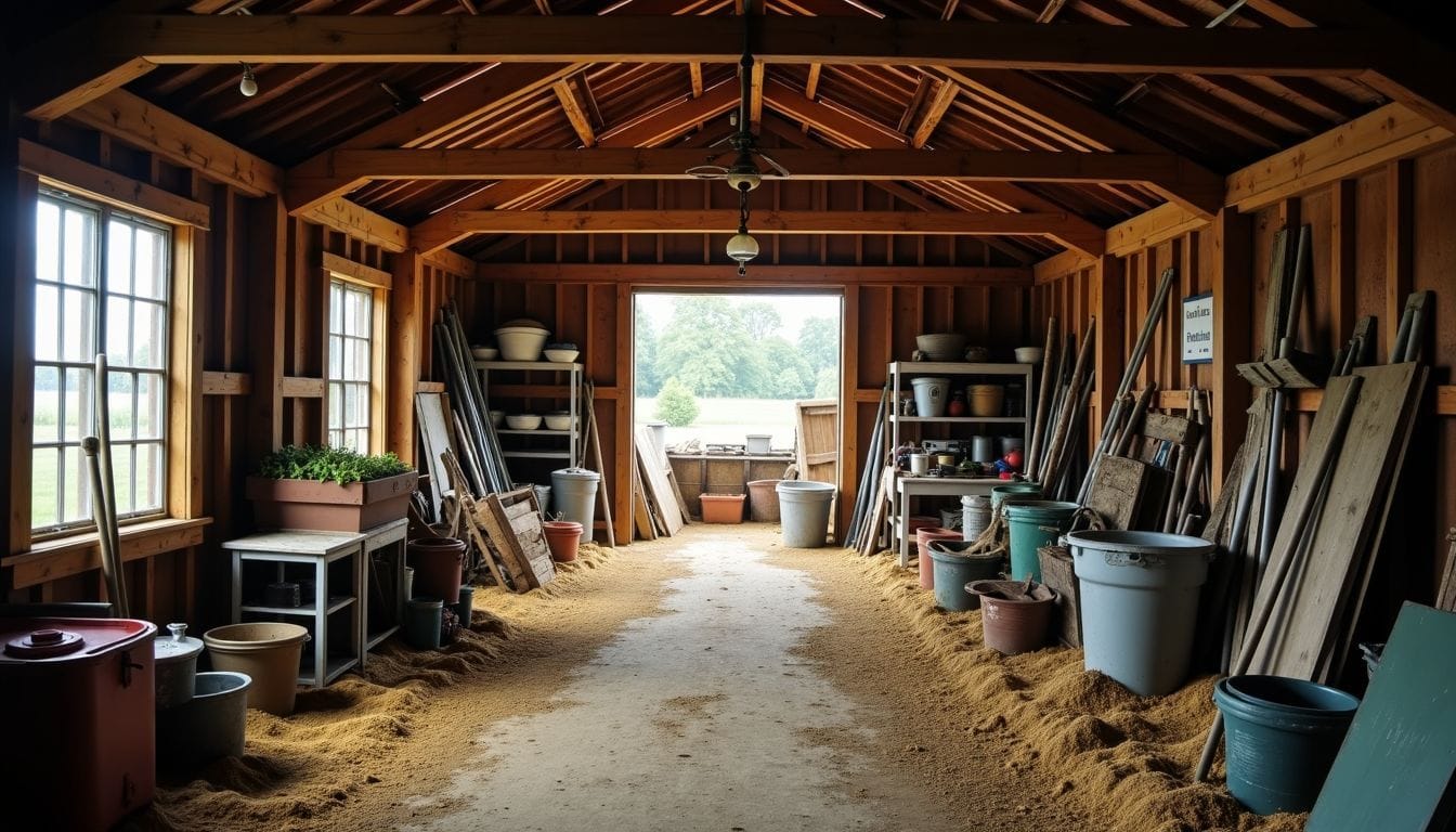 The image depicts a rustic barn filled with farm equipment and research materials.