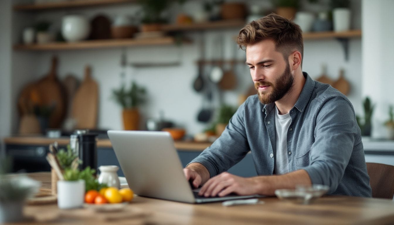 The man is working on his laptop in a busy kitchen.