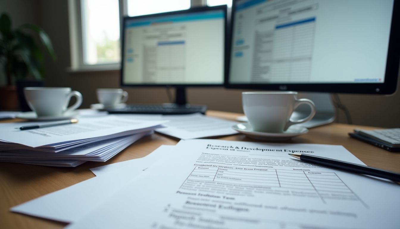 A cluttered desk with research documents and tax credit forms.