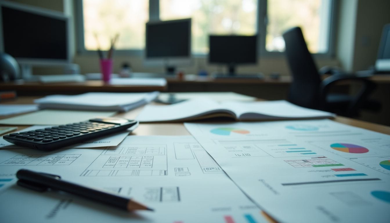 A cluttered desk in an office with paperwork related to manufacturing processes and research projects.