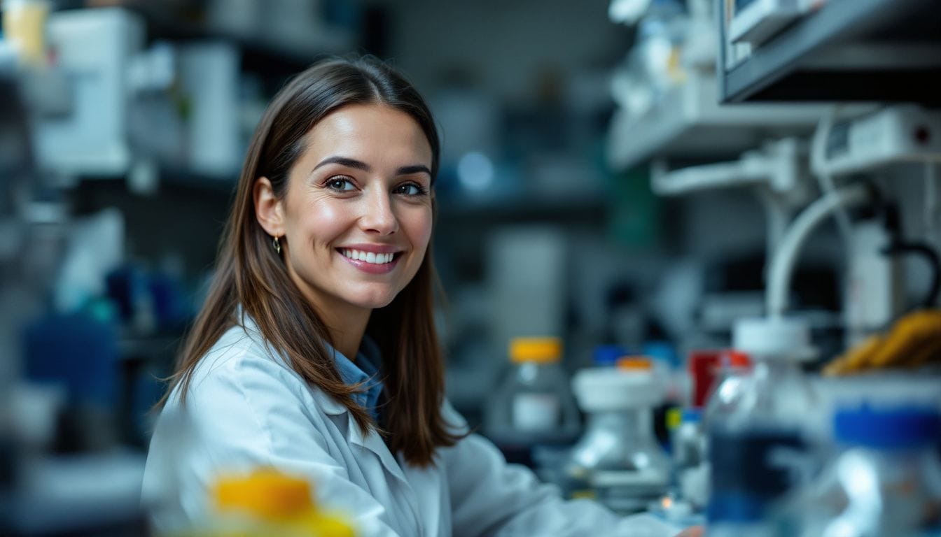 A middle-aged woman in a laboratory wearing a white lab coat.