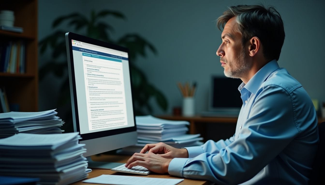 A stressed pharmaceutical researcher works at cluttered desk with tax credit forms.