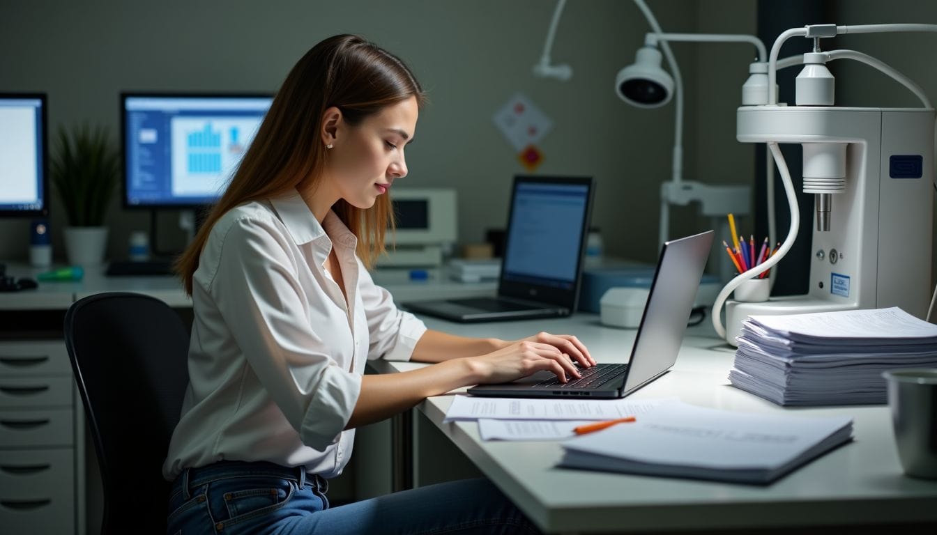 A young woman working in a cluttered office on R&D tax credits.