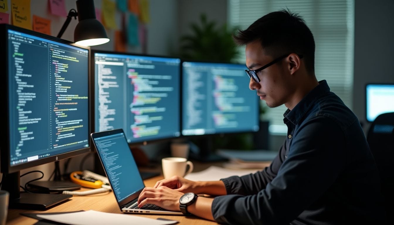 A software developer working at a cluttered desk in an office.