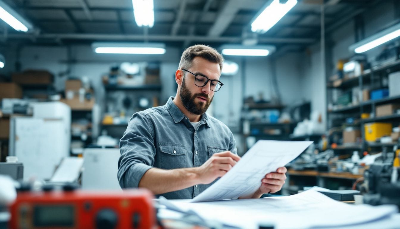 An engineer in a busy workshop, examining designs and prototypes.