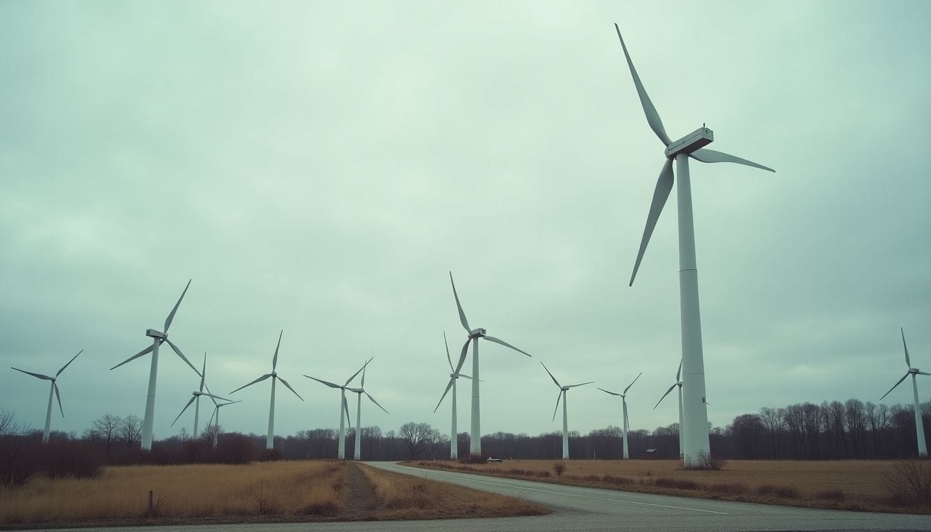 An abandoned industrial park with wind turbines in the background.