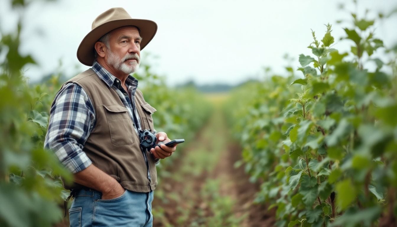 A middle-aged farmer inspects crops and technology in a rural field.