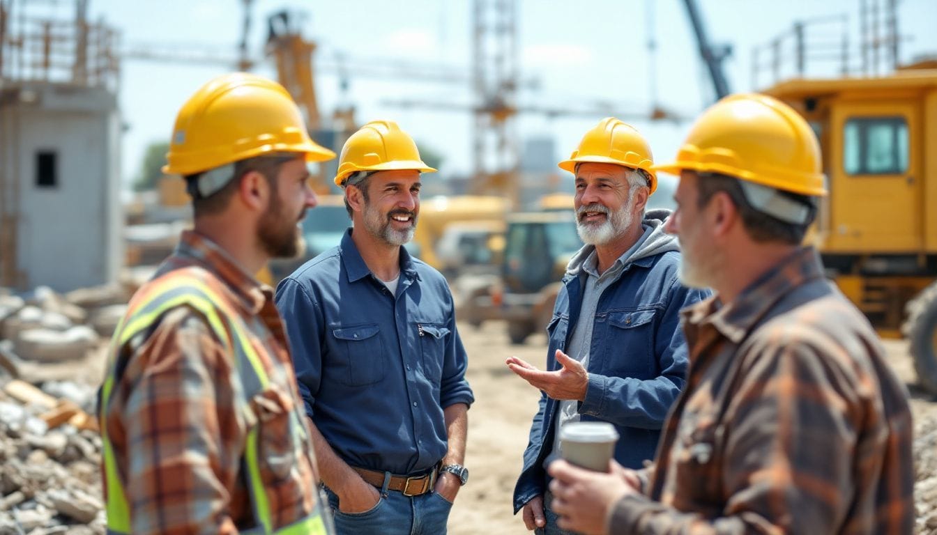 Group of construction workers discussing new methods on a busy site.