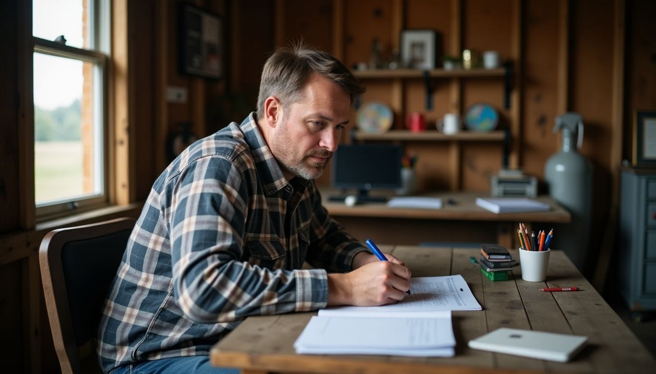 A middle-aged farmer sits in a barn office completing R&D tax paperwork.