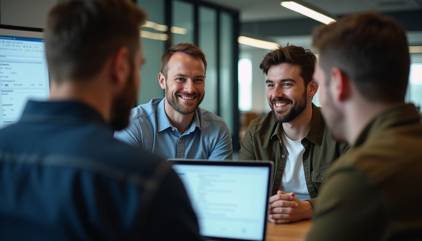 A software development team discussing R&D tax credits in a modern office.