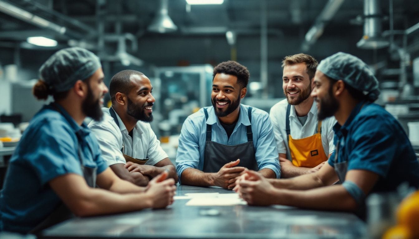 A diverse group of workers discussing ideas in a food production facility.