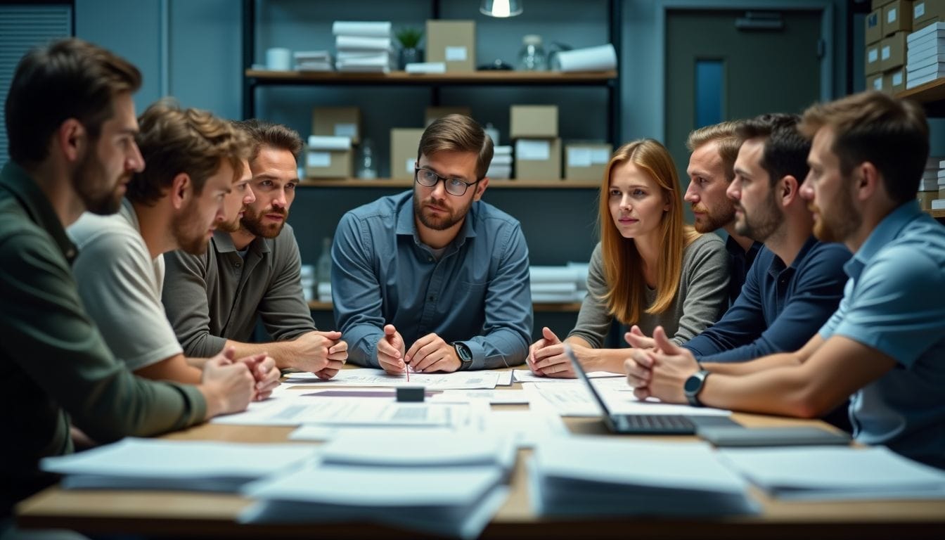 A manufacturing team in a workshop brainstorming new ideas and prototypes.