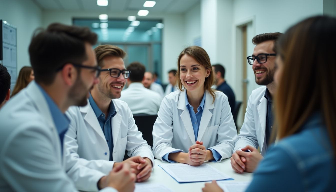 A group of researchers discuss R&D tax credits in a clinic while pharmaceutical executives deliberate in a boardroom.