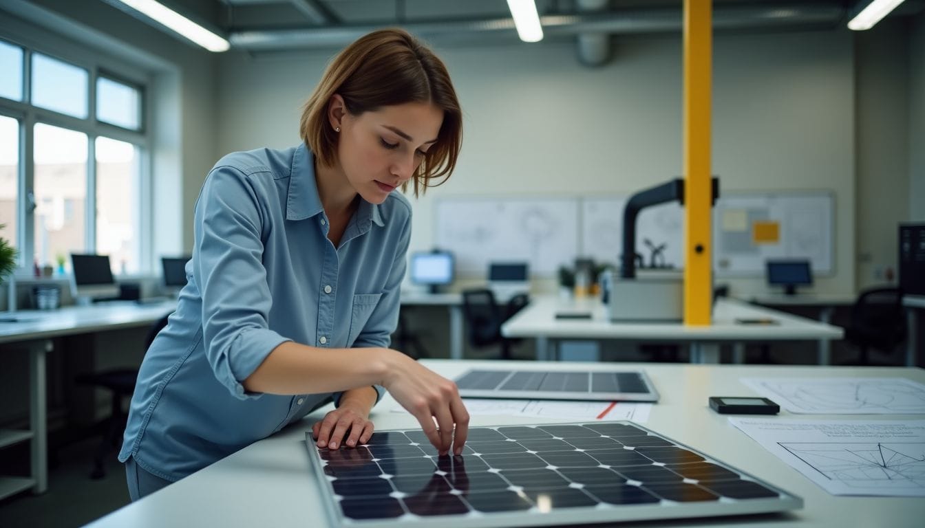 A female engineer working on a new solar panel prototype in a modern laboratory.