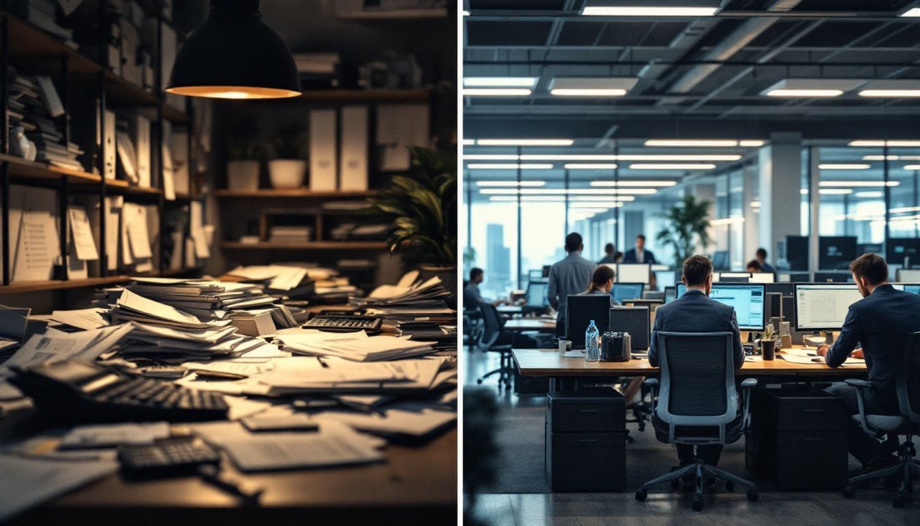 A cluttered home office contrasts with a bright, modern corporate workspace.