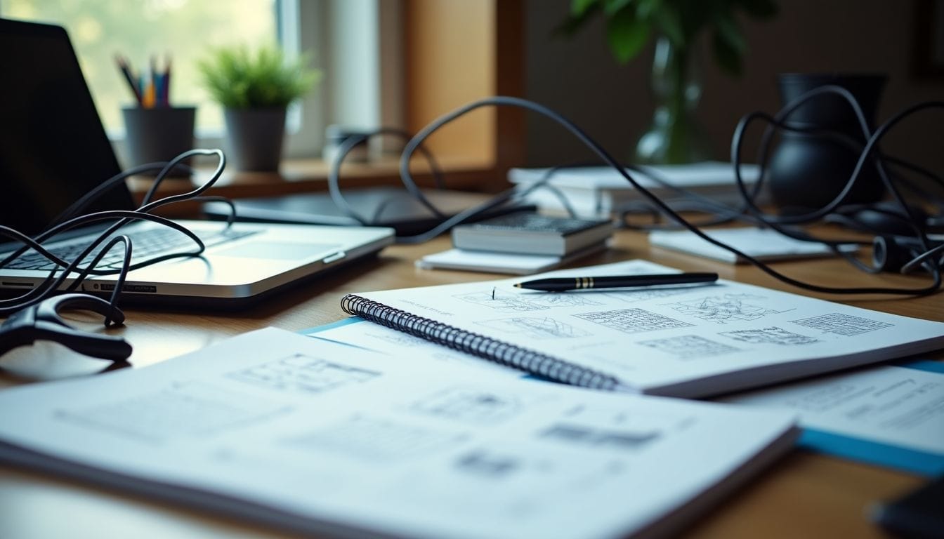 A cluttered desk filled with technical equipment and sketches for R&D.