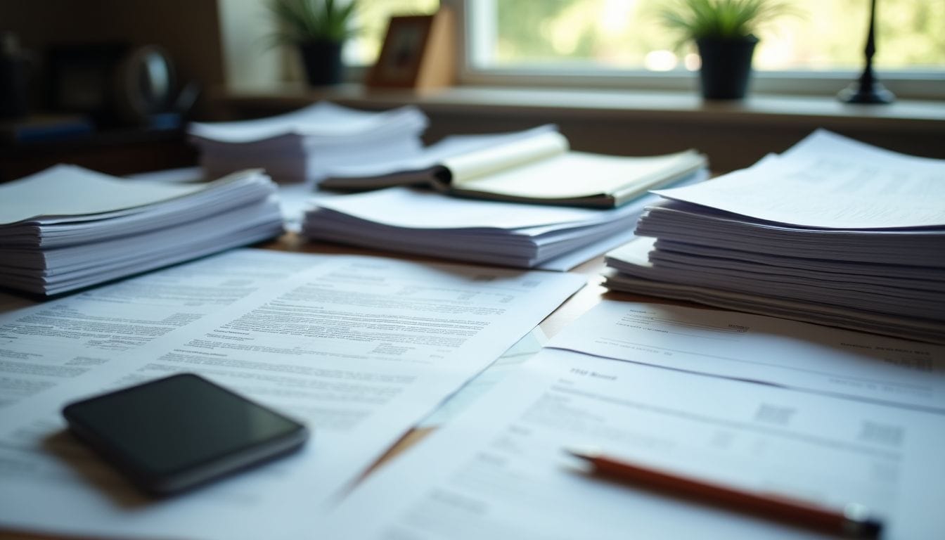 A cluttered office desk with scattered paperwork and financial documents.