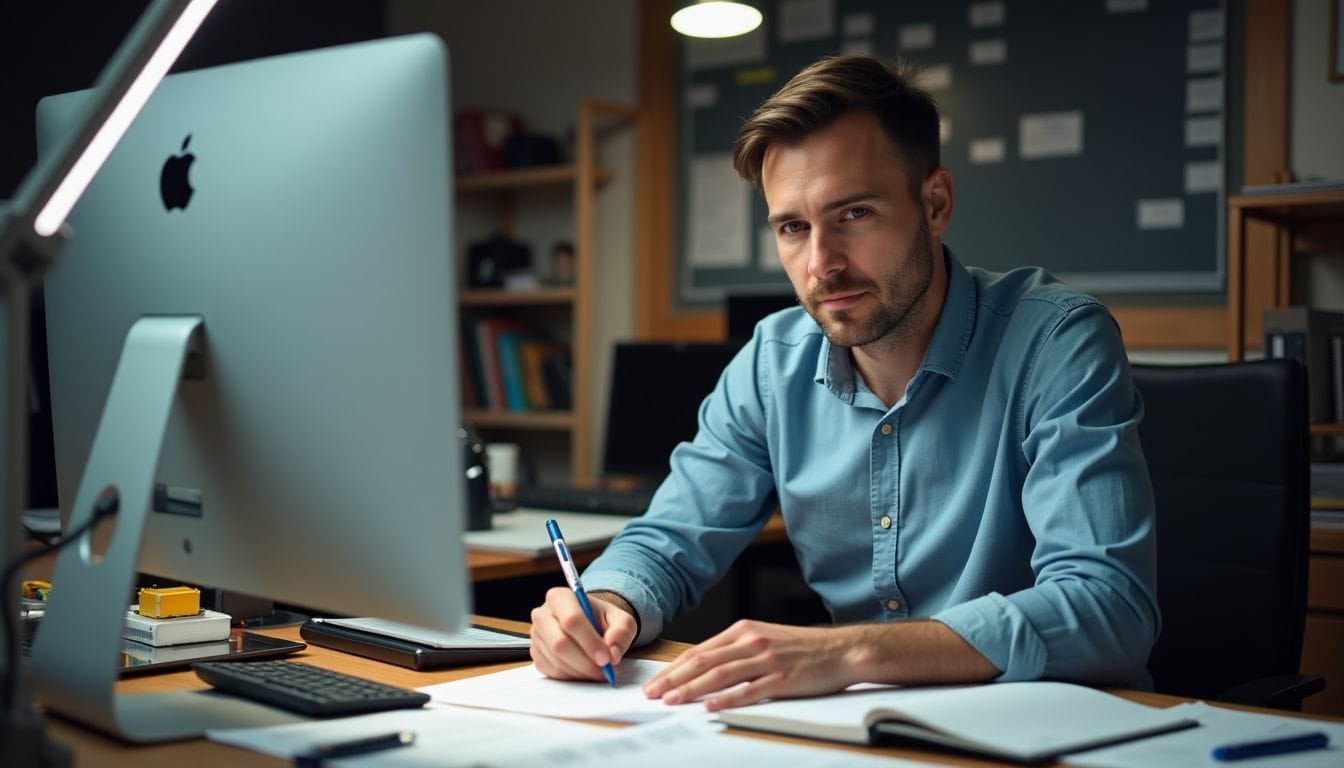 An engineer in their late thirties calculating R&D tax credits at desk.