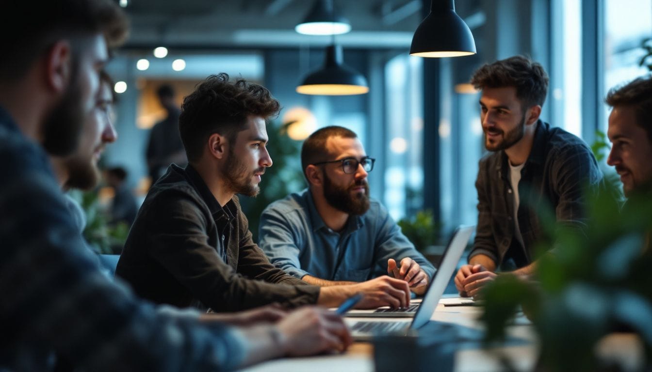 Software developers brainstorming solutions in a casual, modern office environment.