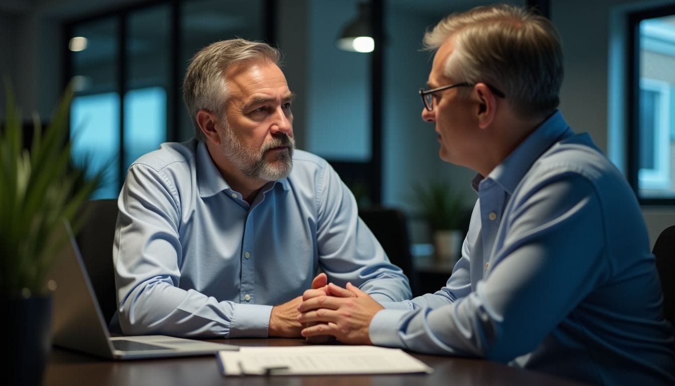 Two professionals discussing R&D tax credit strategies in a modern office.