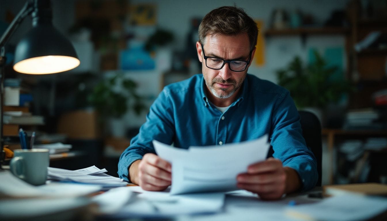 A man organizes financial documents and project notes in a cluttered home office.