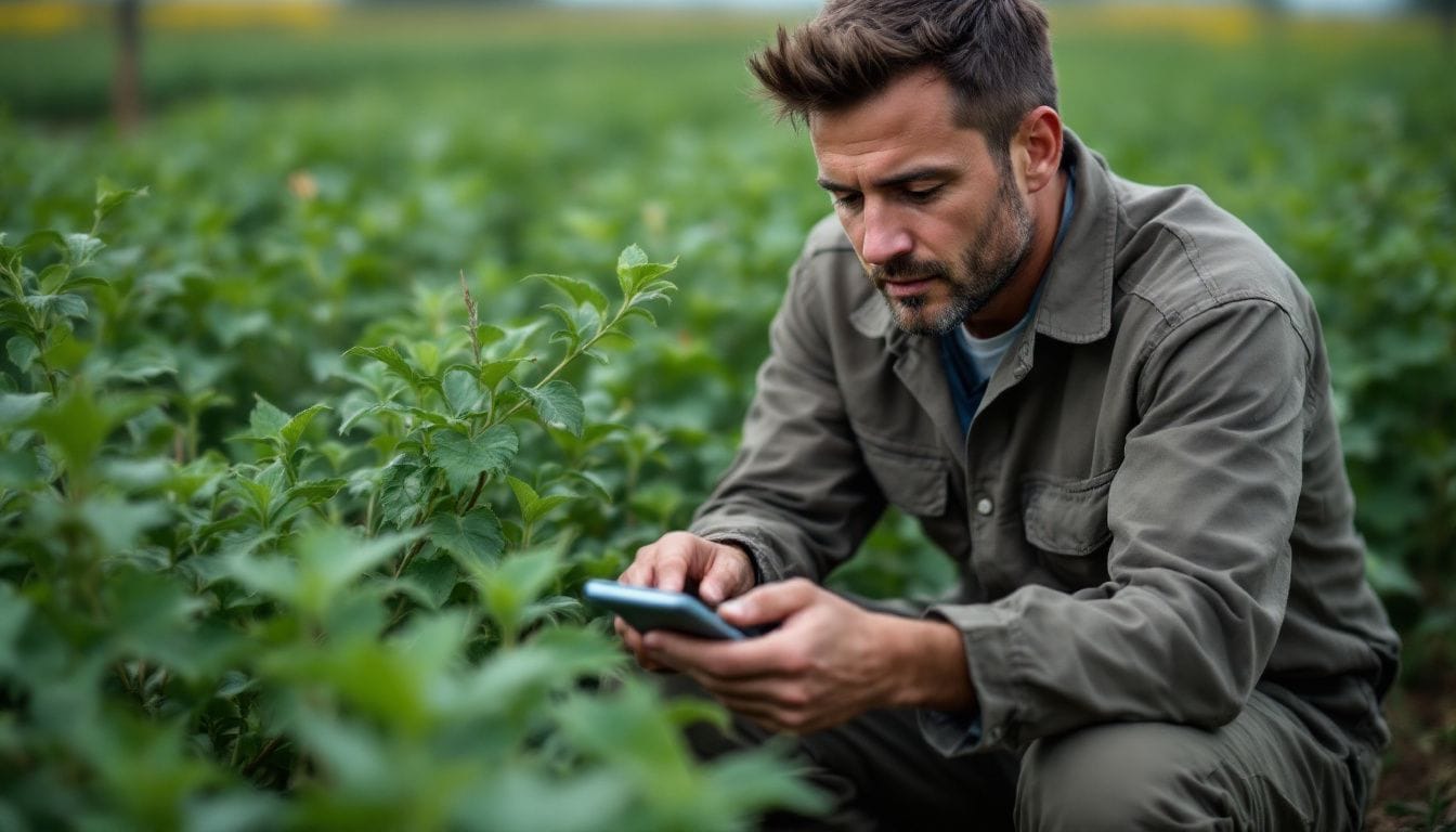 An agricultural scientist examines crops on a rural farm for research.