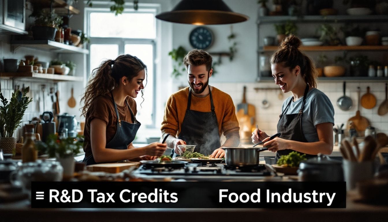 A team of young professionals experimenting with new recipes in a quirky kitchen setting. =R&D Tax Credits Food Industry