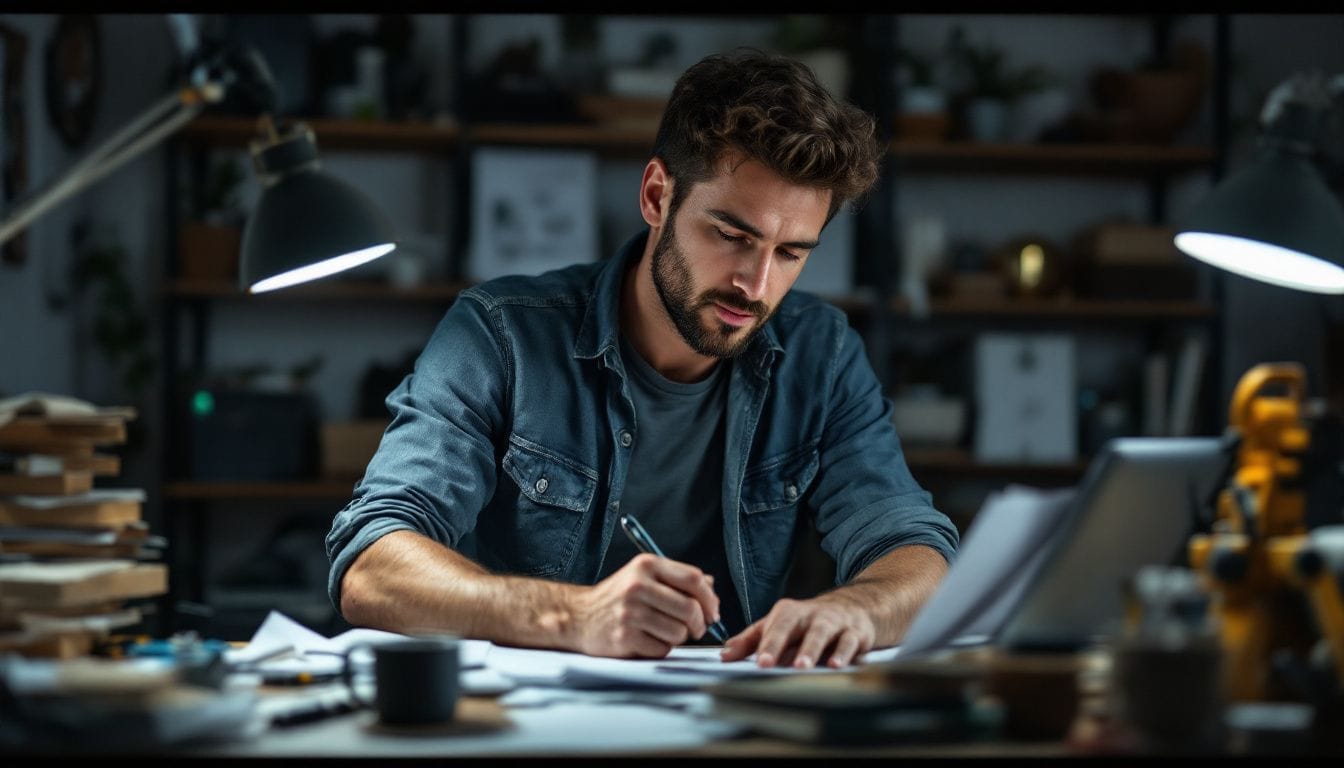 A 30-something entrepreneur working on product design in cluttered office.