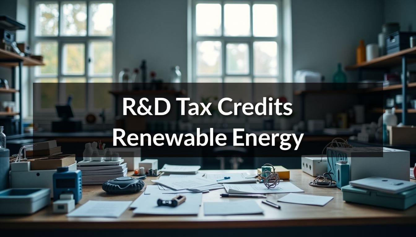 A cluttered laboratory with research materials for R&D Tax Credits in Renewable Energy.