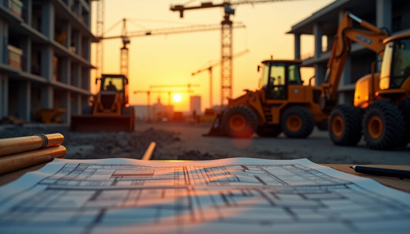 A construction site at sunset, showcasing teamwork and modern technology.