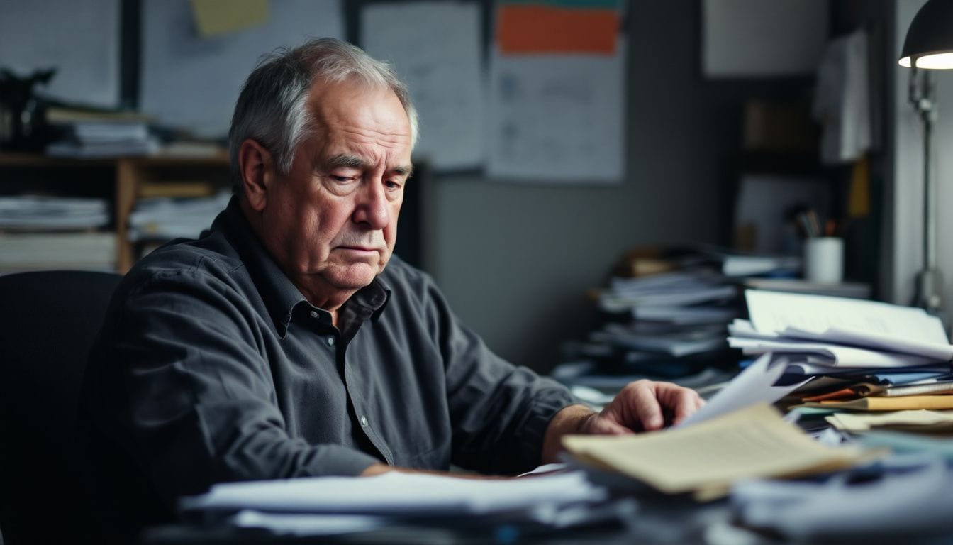 An older man at a cluttered desk, frustrated with paperwork.