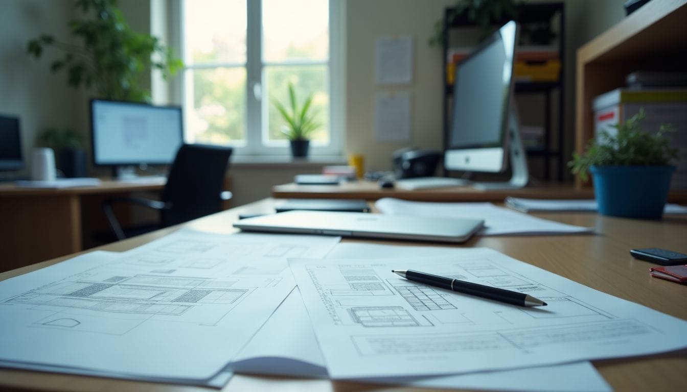 A cluttered desk with MedTech documents and technical sketches.