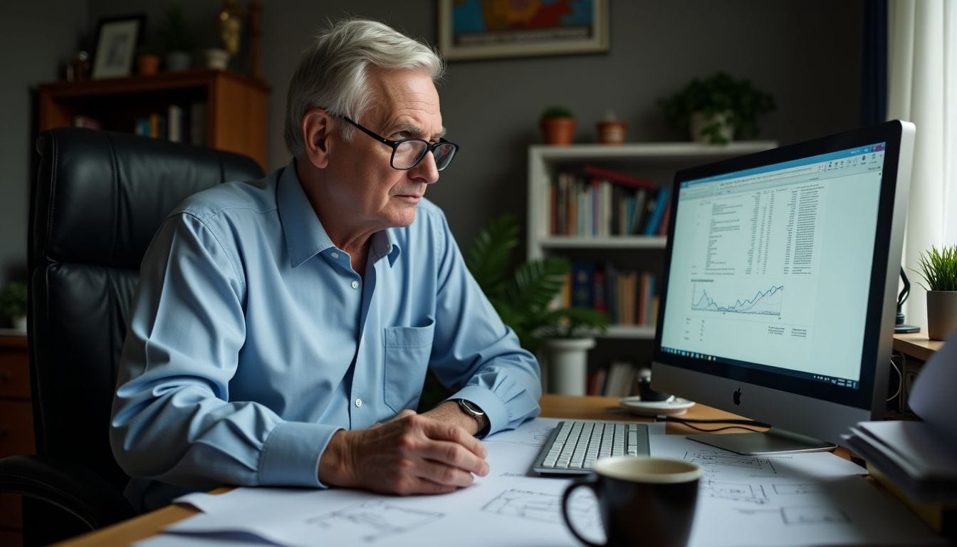 An elderly man is working on R&D tax credit policies at his cluttered home office.