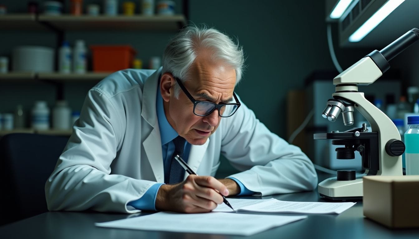 An elderly scientist is working in a cluttered laboratory, examining a microscope slide.