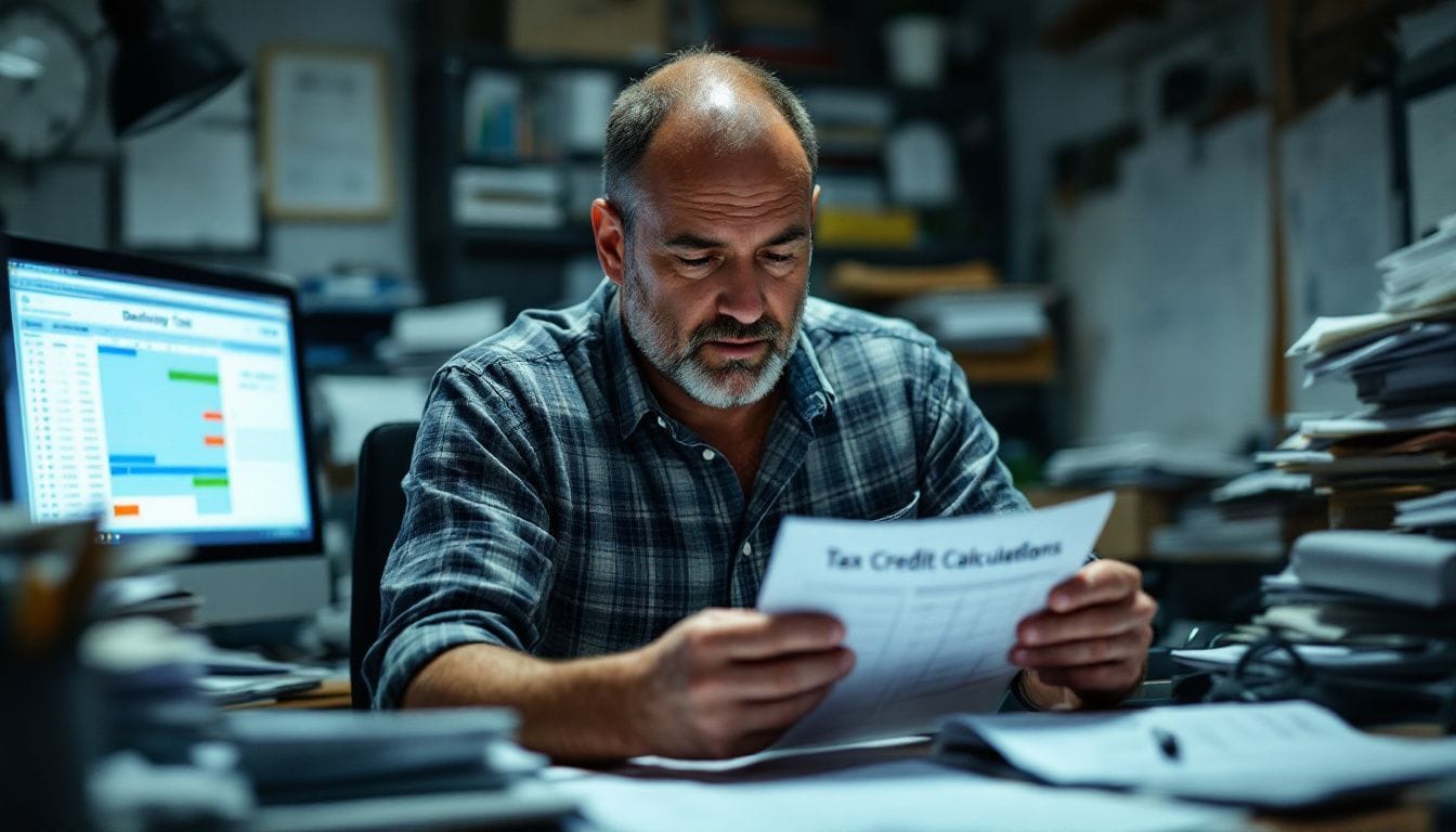 A man in his mid-30s is working on tax credit calculations in a cluttered office.