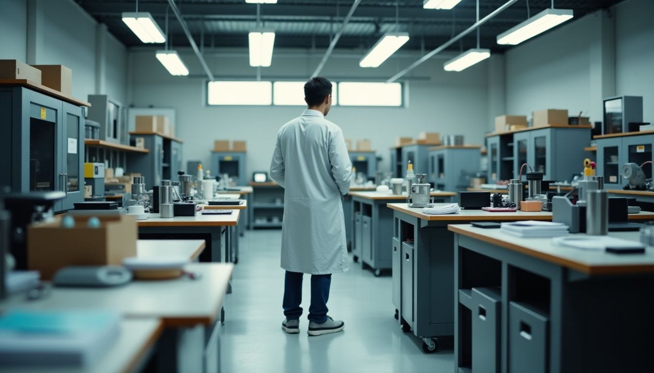 A busy manufacturing laboratory with modern machinery and research materials.