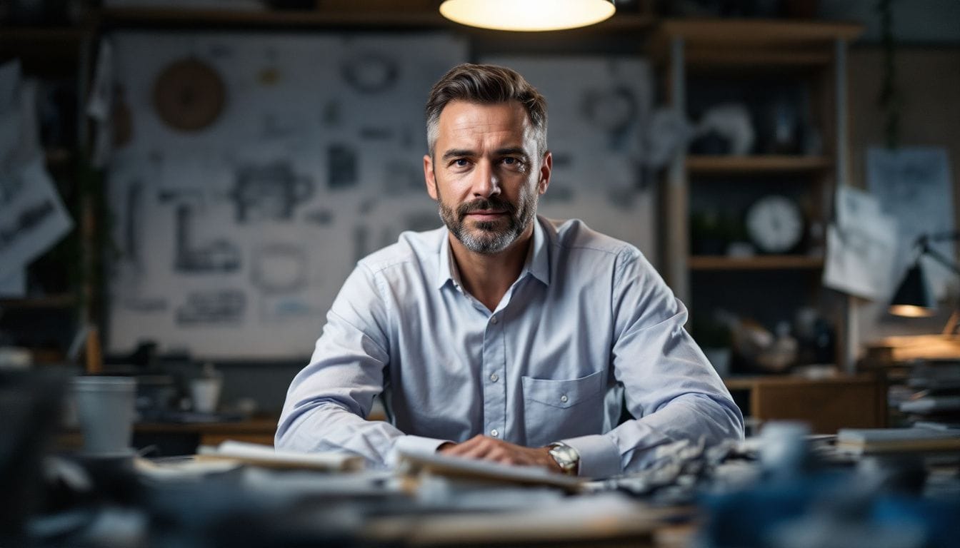 A mid-aged engineer discussing R&D tax credits in a messy office.