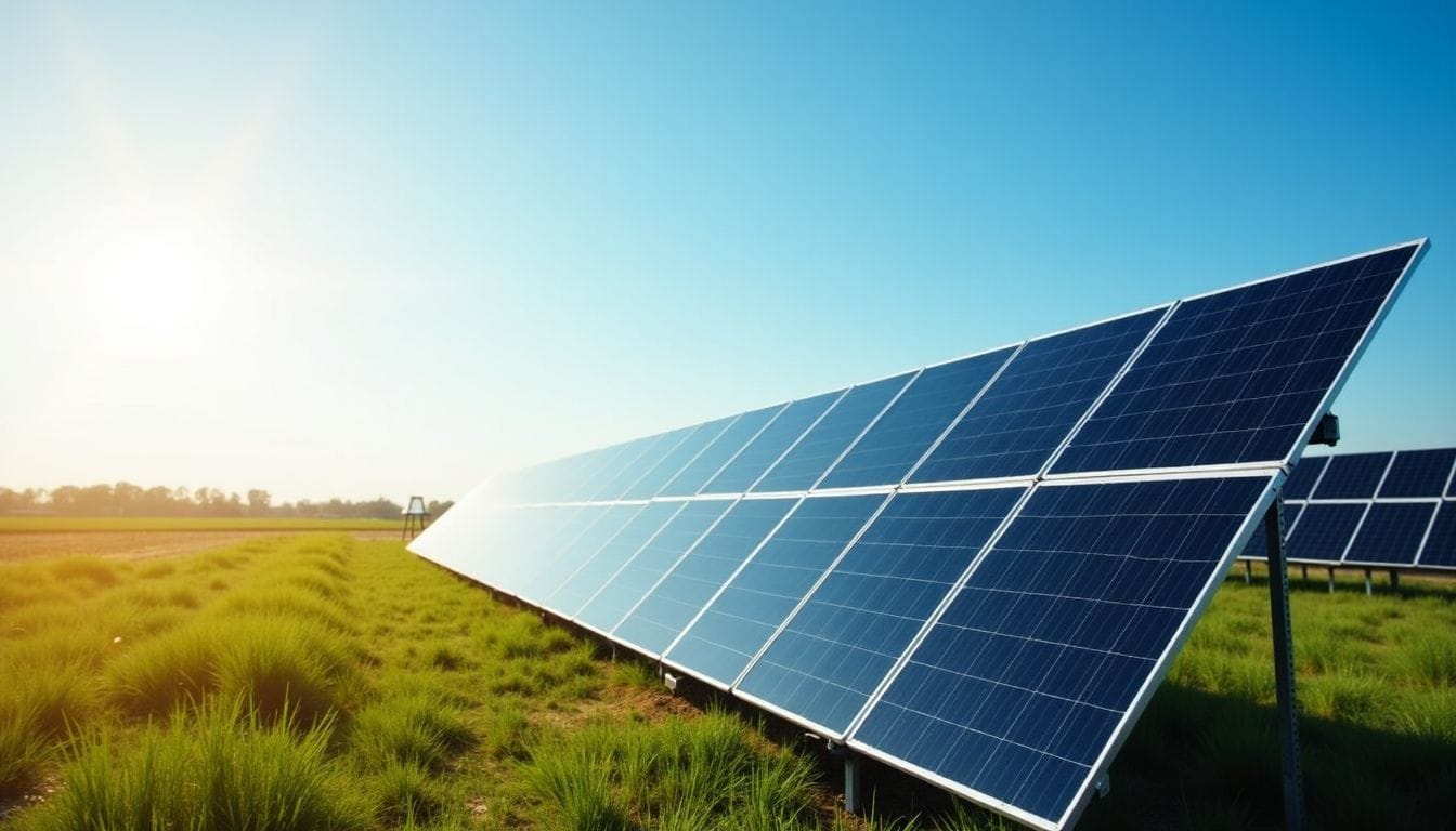 A modern solar panel array in a field represents renewable energy advancements.