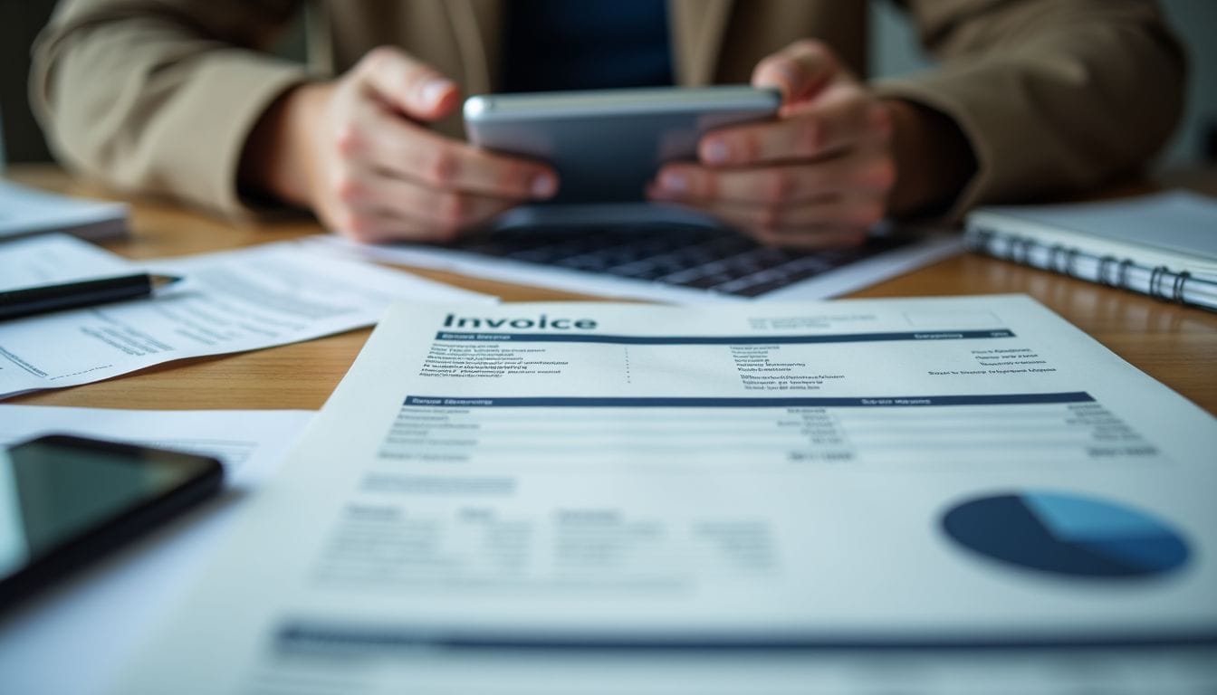 An invoice for solar panel technology on a cluttered desk.