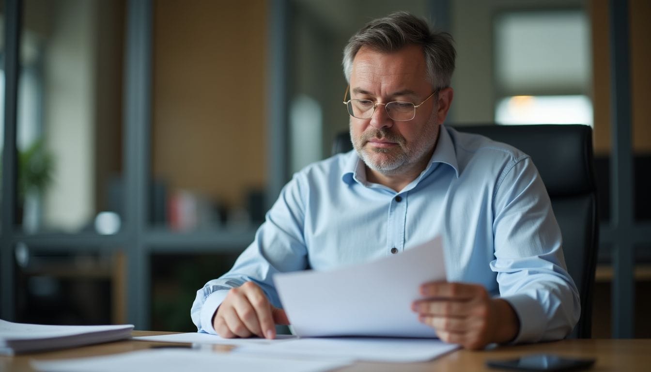 A man in his 40s reviewing tax documents in an office setting.