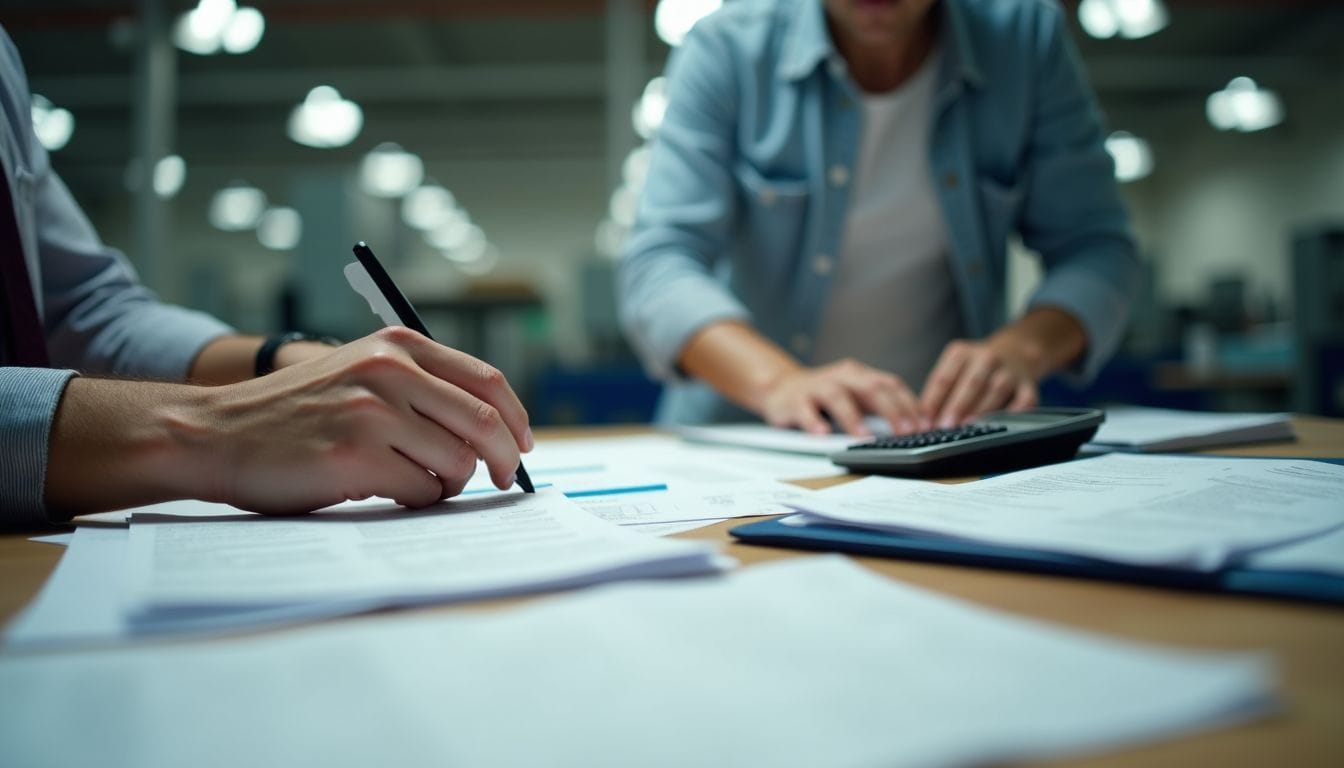 A cluttered office desk in a manufacturing factory.