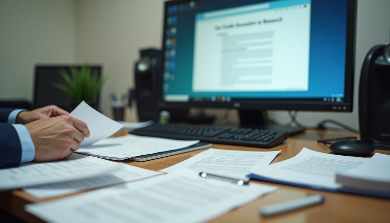 A cluttered office desk with paperwork, receipts, and tax credit information.