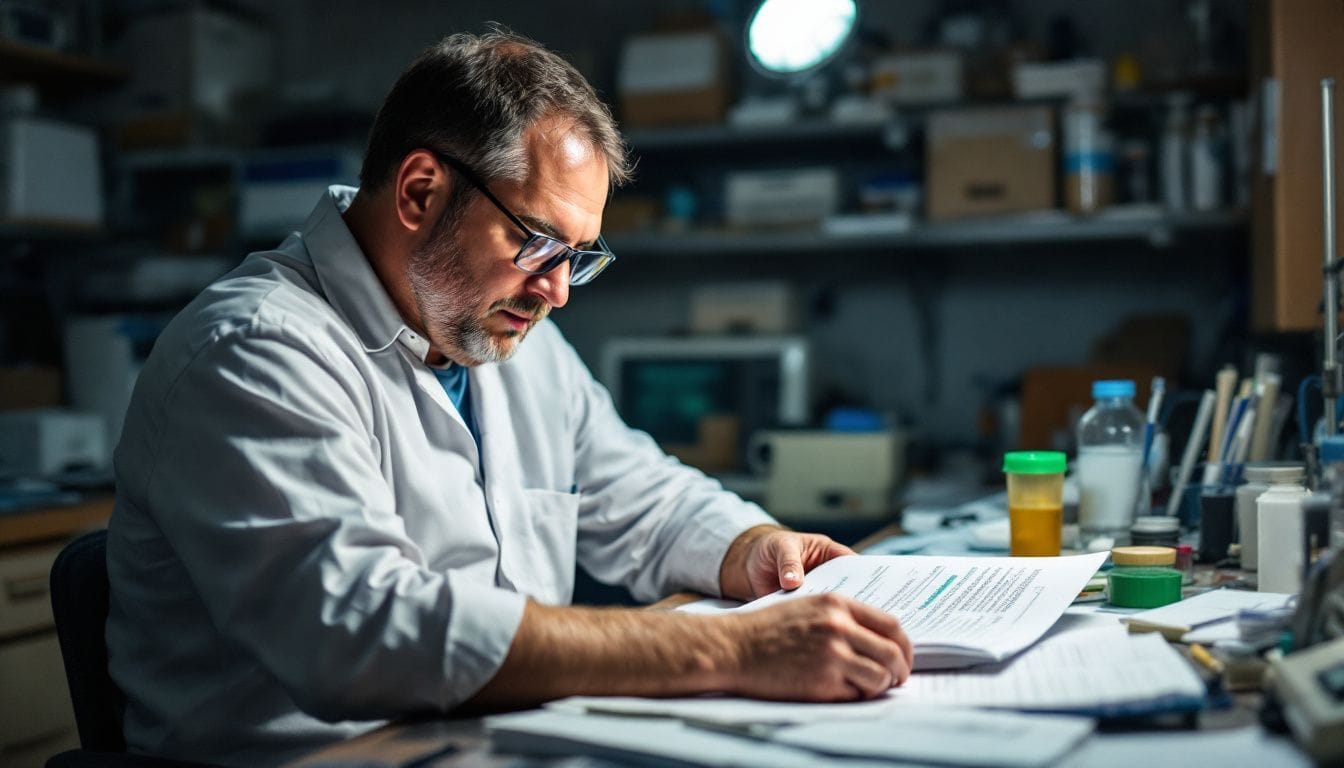 A male researcher organizes project plans and lab notes in a cluttered laboratory.